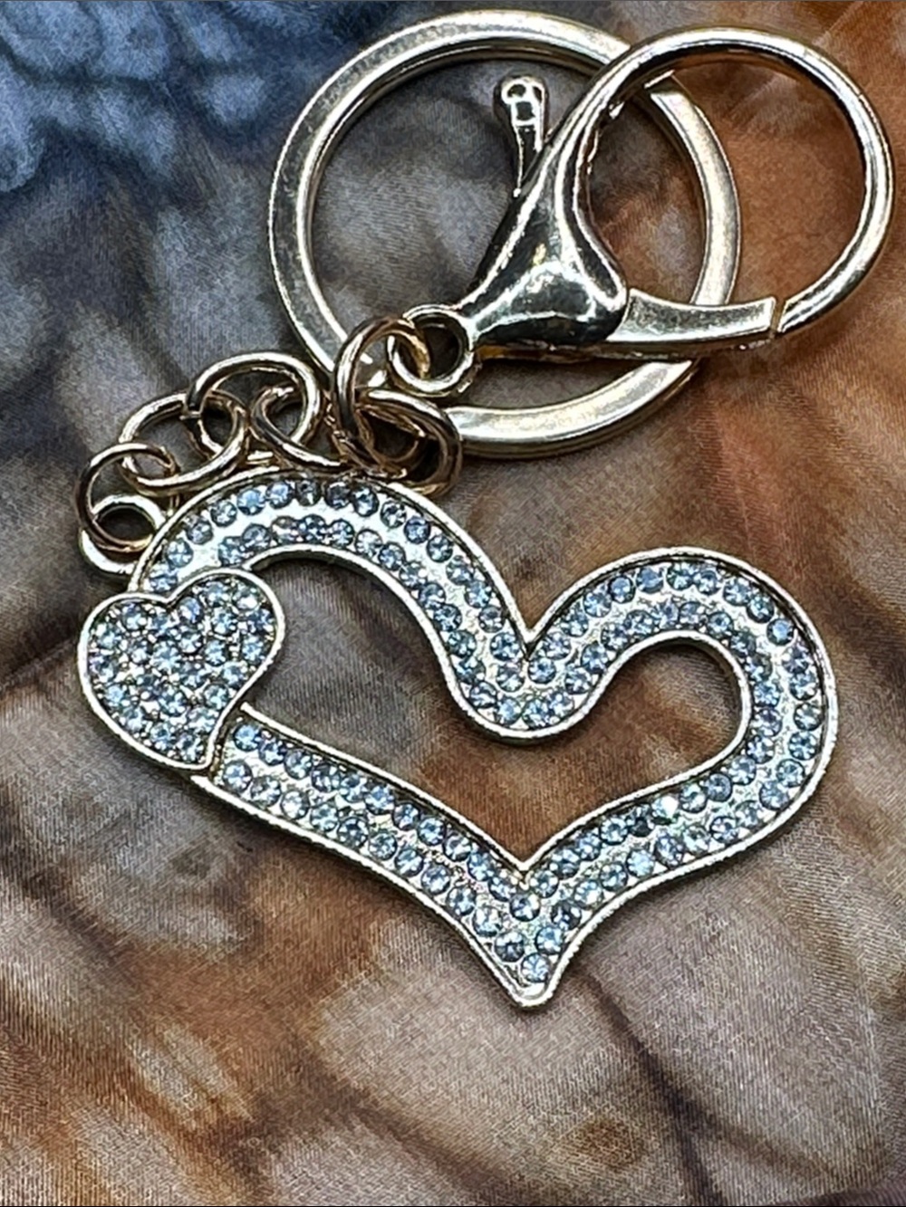 Crystal Heart Keychain Charm - Gold Tone with Clear Rhinestones